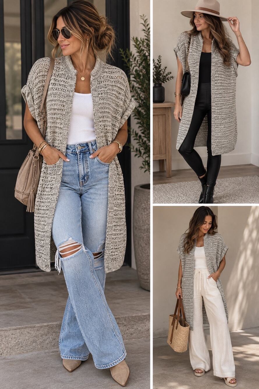 J.Jill Cream Black Marled Open Knit Long Cardigan Duster Short Sleeve M
